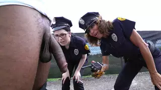 Cock hungry cops Lyla Lali and Norah Gold sucking giant black pole