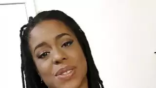 Ebony babe exposes tight ass and gives handjob in POV